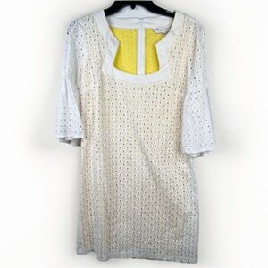 Trina Turk White Eyelet Bell Sleeve A-Line Dress Size 8 Yellow Lining Cotton